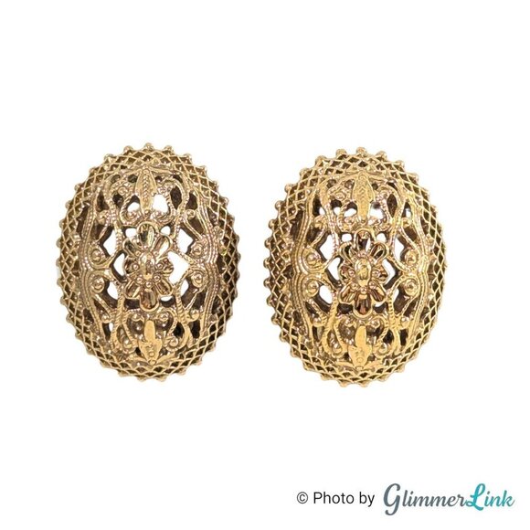 Vintage 1928 Co Oval Floral Filigree Lattice Dome Gold Tone Clip On Earrings - Picture 1 of 10
